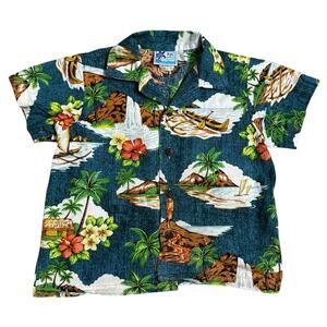 RJC Hawaiian Shirt Little Boys SIze 5 Volcano Boat Palm Tree 100% Cotton USA